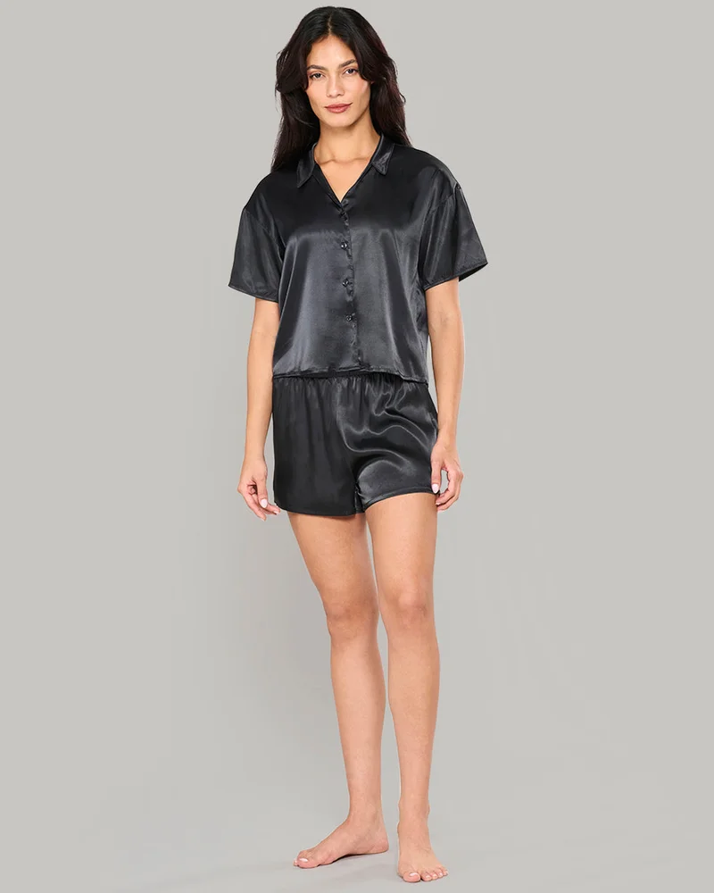 La Senza La Senza Sleep Black Satin Top & Short Set With Piping
