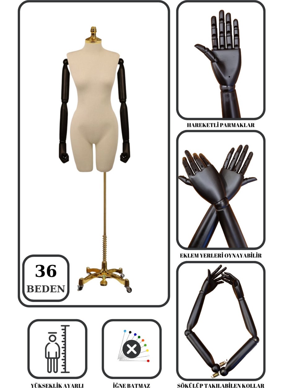 Manken İstanbul Mannequin Istanbul Luxury Gold Footed Tailor Mannequin with Wooden Arms Size 36 That Can Wear Trousers Showcase Mannequin  - Image 1