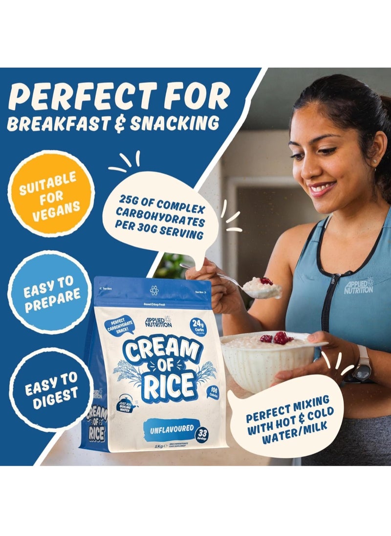 Applied Nutrition - Cream of Rice - High Carbohydrate Cream of Rice Supplement, Source of Energy for Breakfast & Snacks, Easy to Digest, Low Sugar, Low Fat, Vegan, 1kg, 33 Servings, Unflavored - Image 1