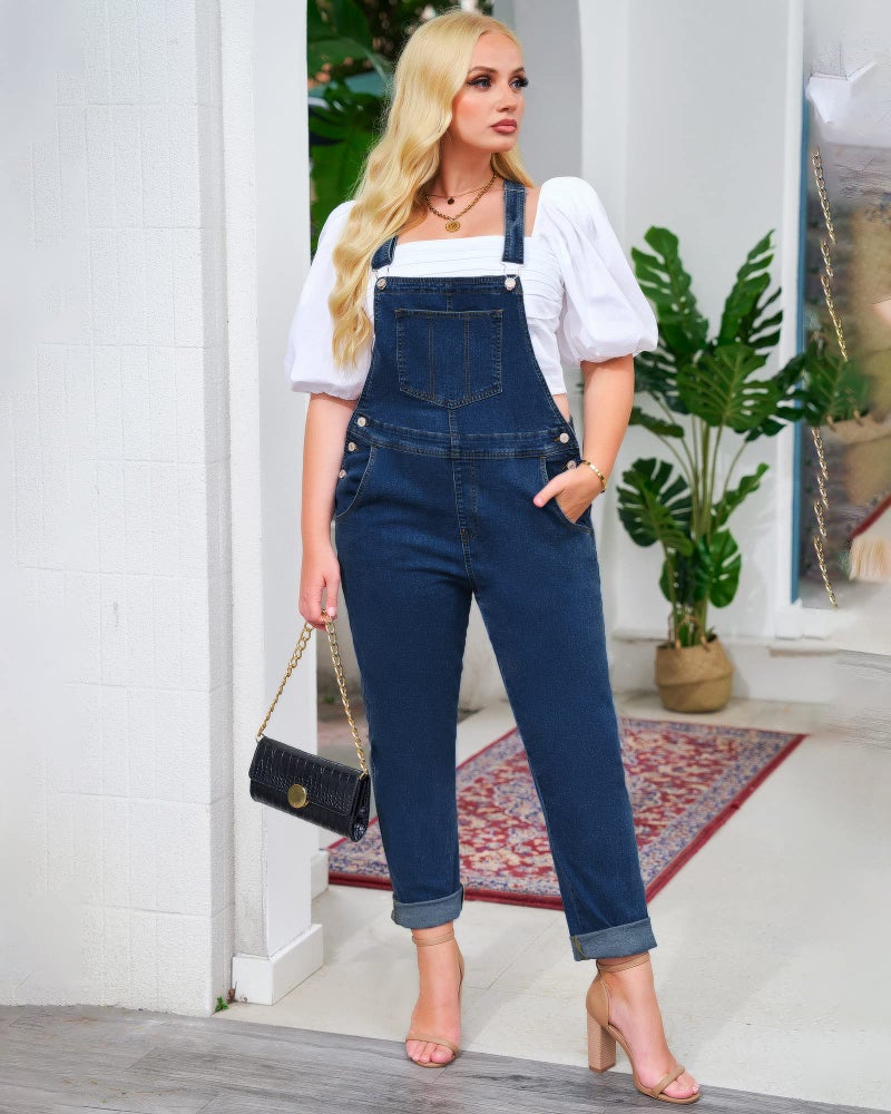 Vetinee Women's Nightfall Blue Classic Adjustable Straps Pockets Boyfriend Denim Bib Overalls Jeans Pants Large - Image 5