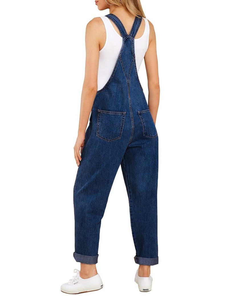 Vetinee Women's Nightfall Blue Classic Adjustable Straps Pockets Boyfriend Denim Bib Overalls Jeans Pants Large - Image 2