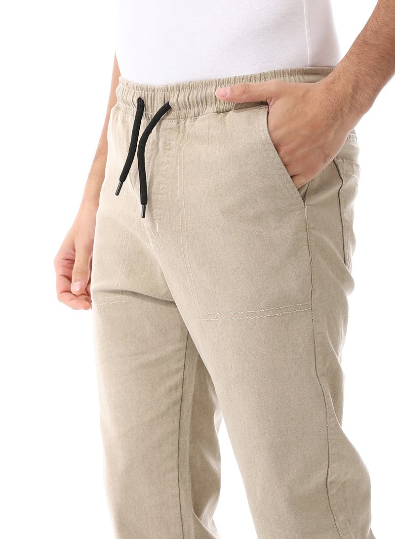 Andora Elastic Waist With Drawstring Gabardine Sweatpants_ Beige  - Image 4