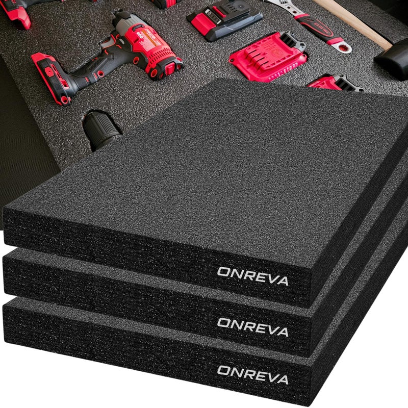 ONREVA Tool Box Foam 22x18x2 inch 3Pack, Foam Inserts for Cases, Polyethylene Storage Sheets for Toolbox Hard Case, Tool Shadow Insert, Kaizen Organizer Sheet, Black - Image 1