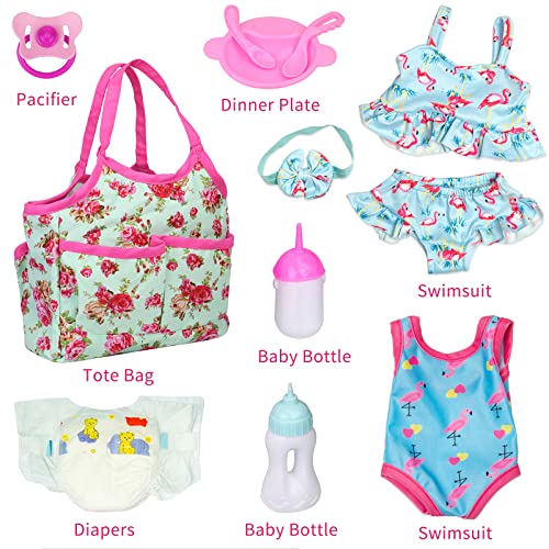 UNICORN ELEMENT 8 Pcs Baby Doll Clothes and Accessories, Baby Feeding and Caring Set with Doll Diaper Bag, Clothes, Diapers, Bottles, Pacifier, Swimsuits,Best Gift for Kids - Image 4