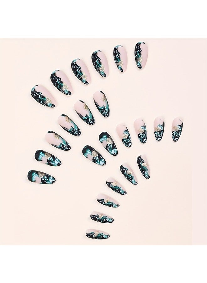 24pcs Matte Medium Almond Fake Nails, Green Marble Print Press On Nails With Golden Foil Design, Smudged False Nails For Women Girls Daily Wear - Image 2