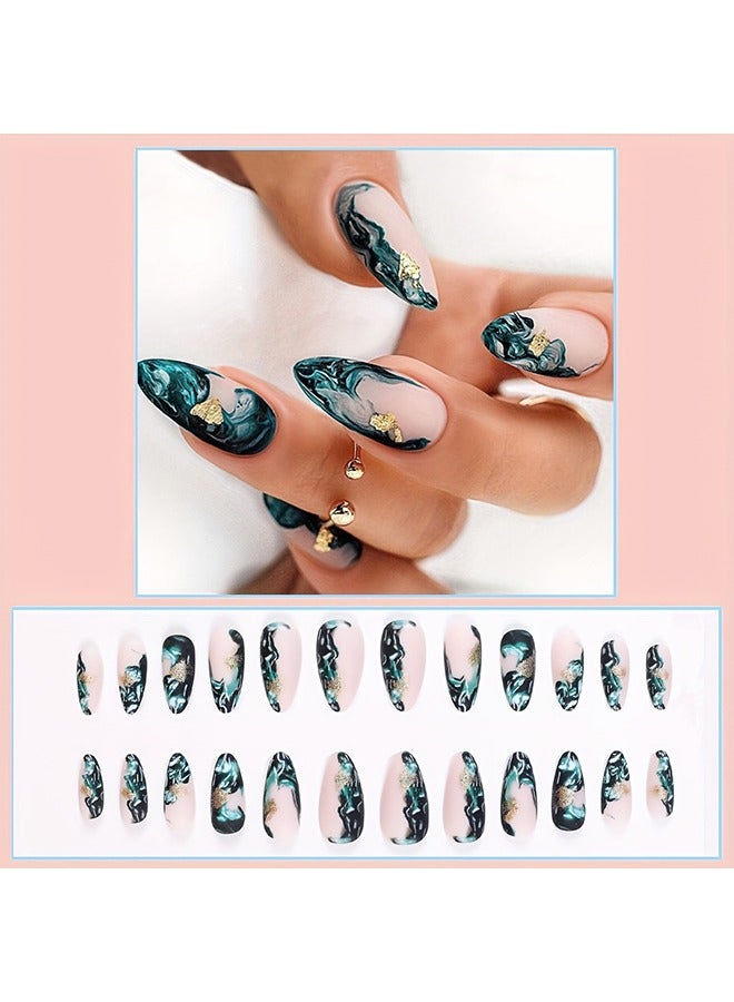 24pcs Matte Medium Almond Fake Nails, Green Marble Print Press On Nails With Golden Foil Design, Smudged False Nails For Women Girls Daily Wear - Image 3