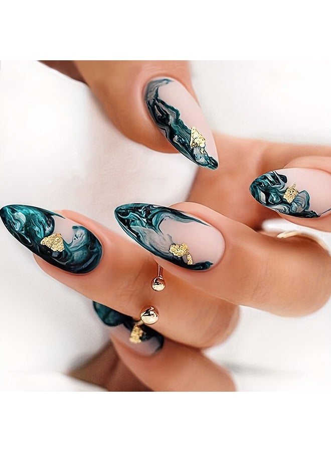 24pcs Matte Medium Almond Fake Nails, Green Marble Print Press On Nails With Golden Foil Design, Smudged False Nails For Women Girls Daily Wear - Image 1