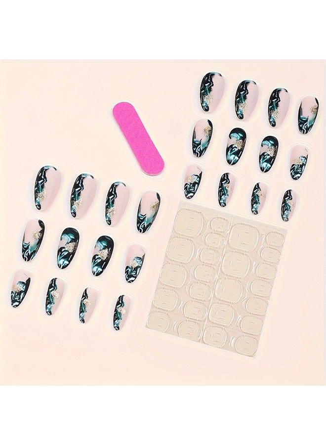 24pcs Matte Medium Almond Fake Nails, Green Marble Print Press On Nails With Golden Foil Design, Smudged False Nails For Women Girls Daily Wear - Image 4