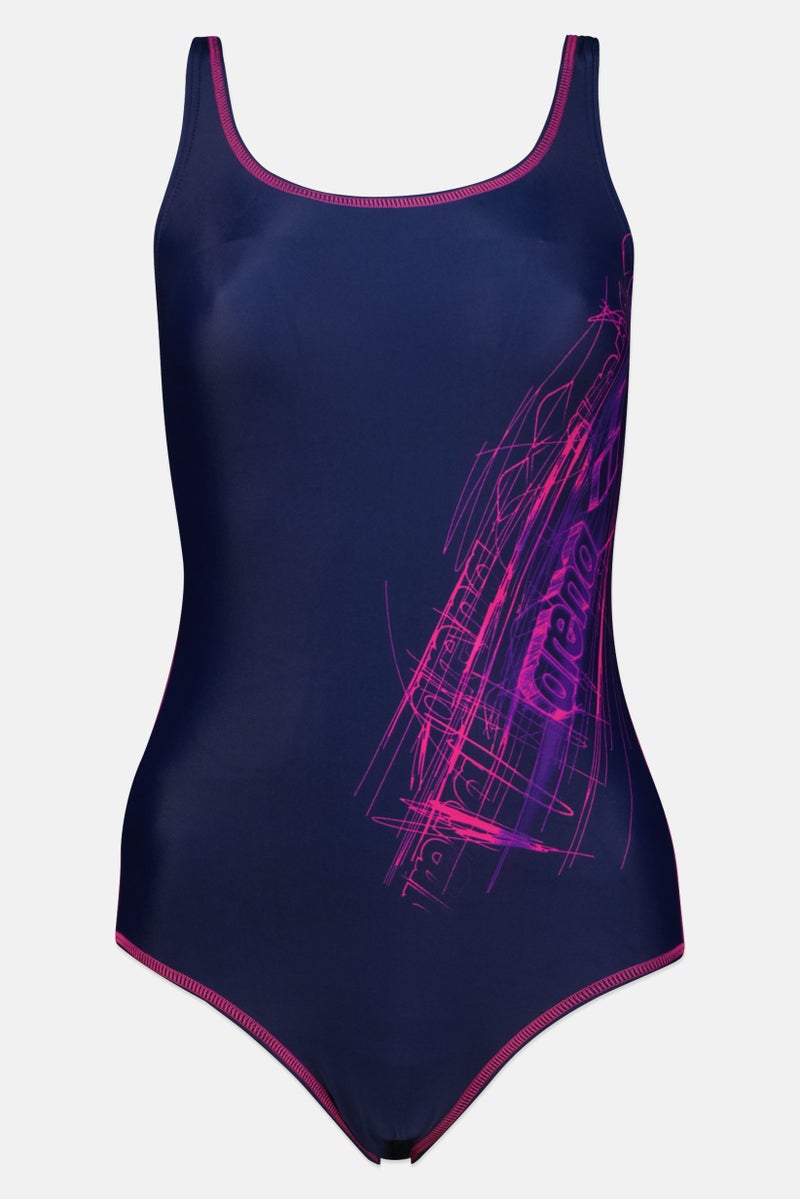 arena Women Brand Logo Drawy One Piece Swimsuit, Navy - Image 1