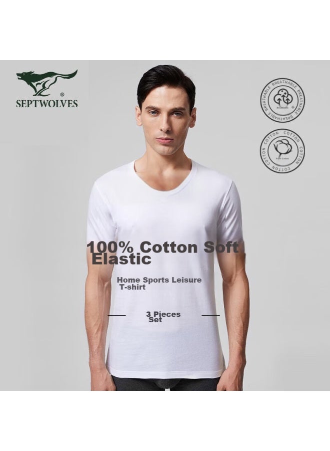 Septwolves Men's Short Sleeve T-shirt, Spring And Summer, 100% Pure Cotton, Undershirt, Pajamas, Loungewear, Casual, Round Neck, 3-pack - Image 2