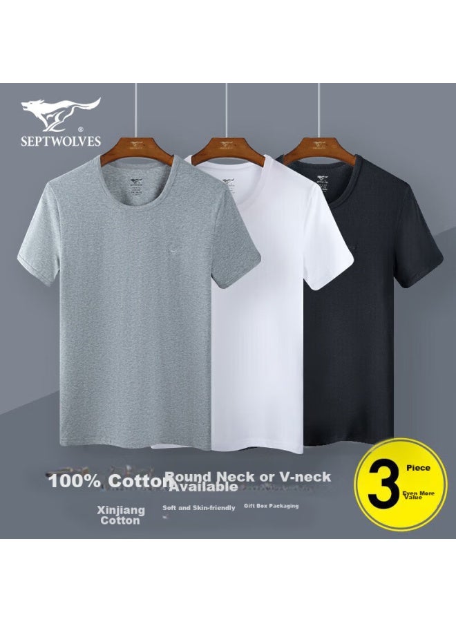 Septwolves Men's Short Sleeve T-shirt, Spring And Summer, 100% Pure Cotton, Undershirt, Pajamas, Loungewear, Casual, Round Neck, 3-pack - Image 1
