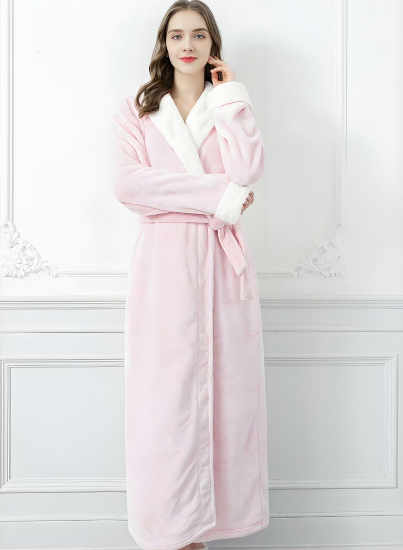 إسكدنيا النساء الشتاء طويلة سميكة فستان ليلي الفلانيل رداء حمام بيجاما الوردي - Image 2