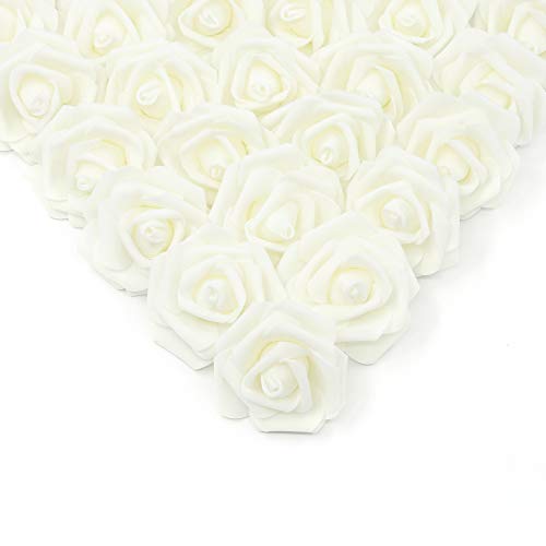 IPOPU Artificial Rose Flower Heads, 100 Pcs Real Looking Ivory White Foam Fake Roses for DIY Wedding Baby Shower Centerpieces Arrangements Party Tables Home Decorations (Ivory, Stemless) - Image 1