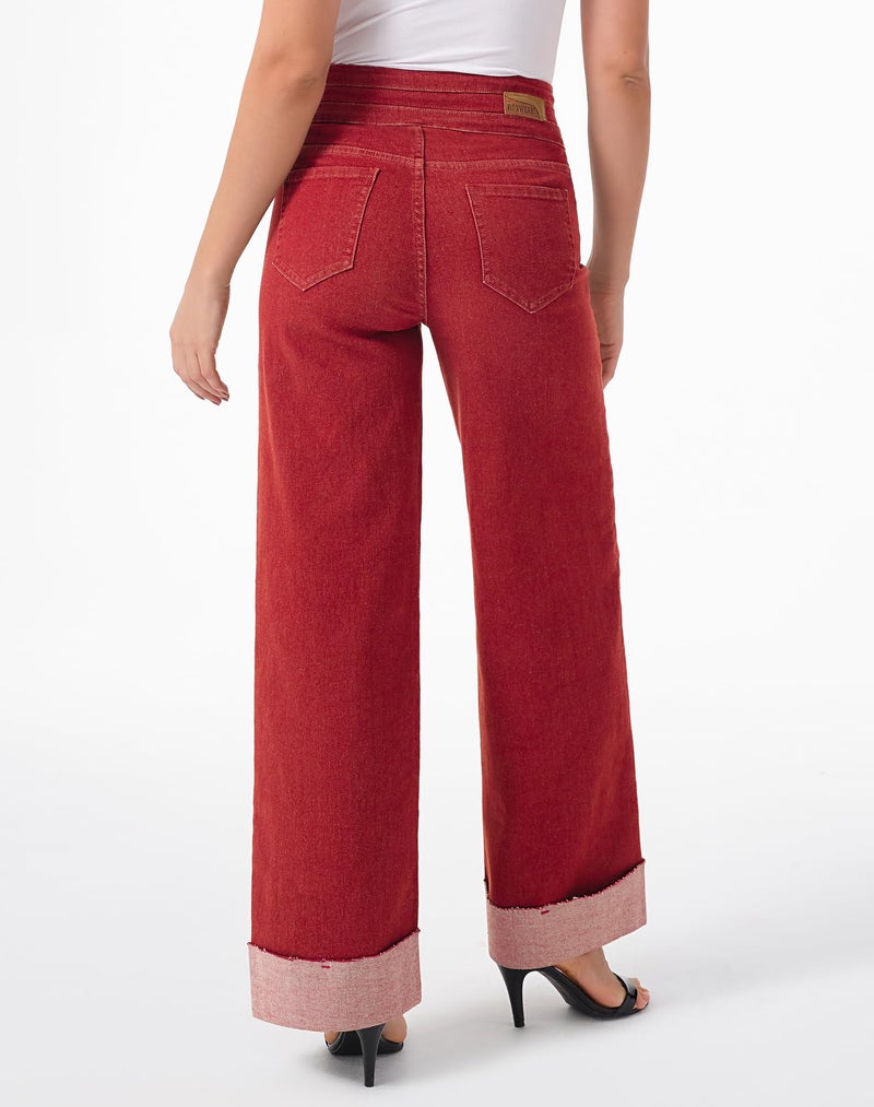 roswear Women's High Waisted Stretchy Wide Leg Jeans Cuffed Baggy Jeans Loose Denim Pants Speckled Red X-Large - Image 3