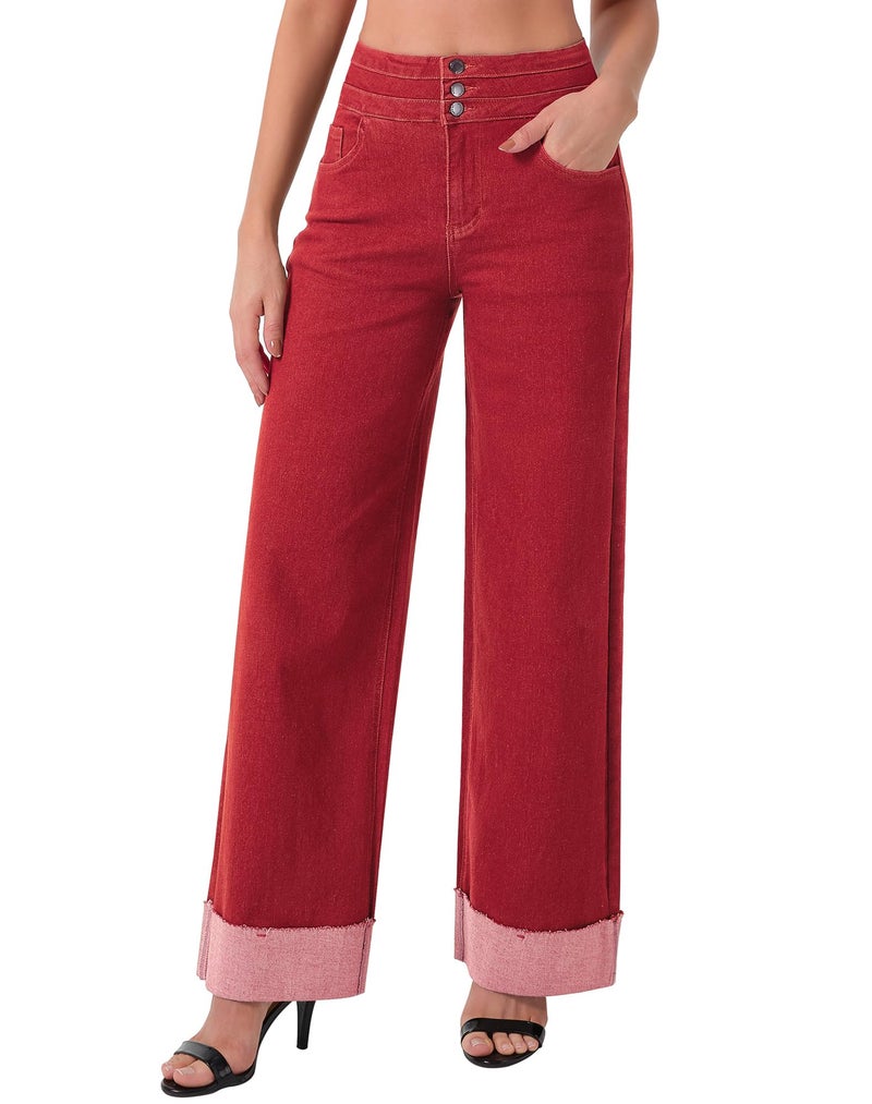 roswear Women's High Waisted Stretchy Wide Leg Jeans Cuffed Baggy Jeans Loose Denim Pants Speckled Red X-Large - Image 1
