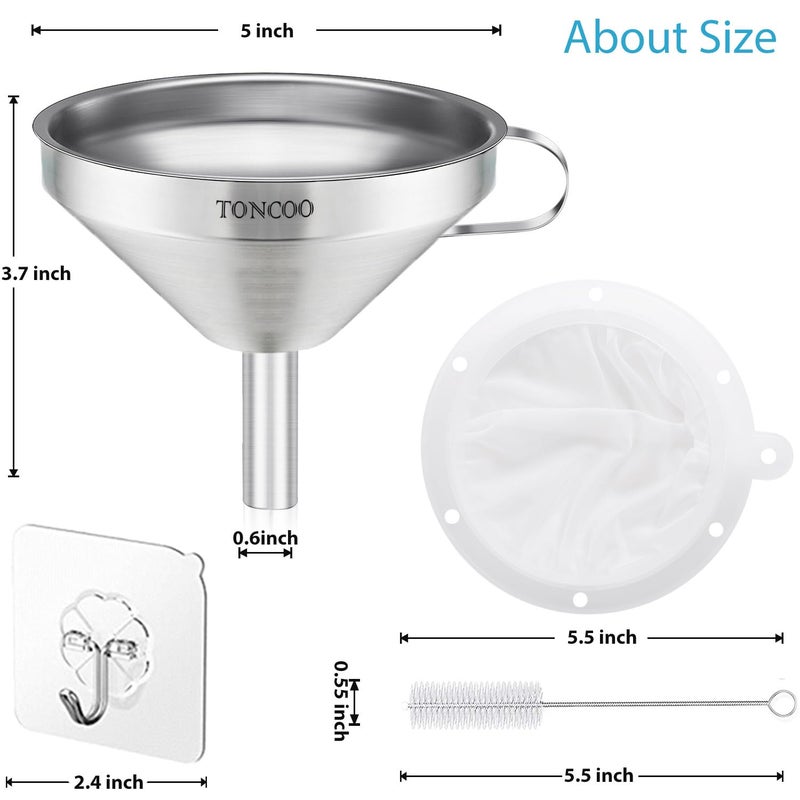 Toncoo 5 Inch Stainless Steel Funnel with Strainer and 200 Fine Mesh Filter, Food Grade Metal Funnel, Cooking Oil Filter, Oil Strainer for Deep Fryer, Milk Strainer, Funnels for Kitchen Use Filling Bottles - Image 2