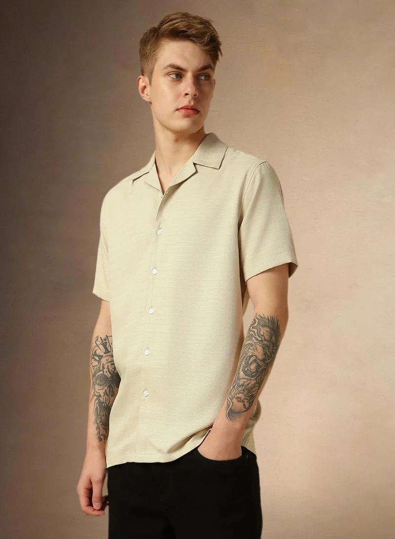 Men's Beige 100% Polyester Solid Button Down Relaxed Shirt
