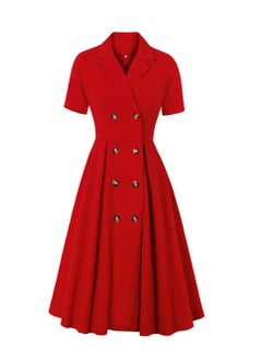 Generic Elegant Button Detail Dress Red Work  Casual Dress Cocktail Swing Dress  - Image 1
