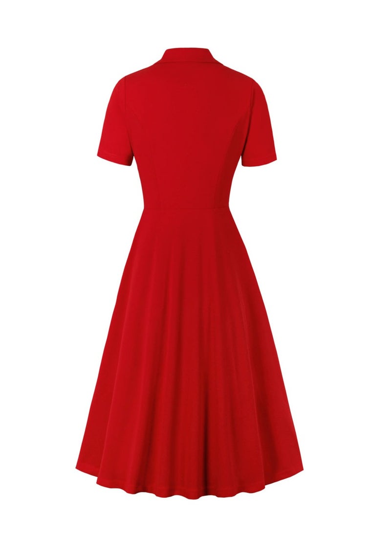 Generic Elegant Button Detail Dress Red Work  Casual Dress Cocktail Swing Dress  - Image 2
