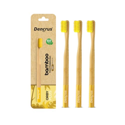 Dencrus Orby Plus Bamboo Toothbrush for Adults (Pack of 3) | 100% Natural & Eco Friendly Manual Toothbrush | Ultra Soft Bristles for Gentle Sensitive Gum Care | Yellow - Image 1