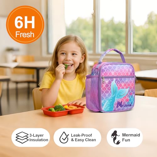 Bagseri Kids Lunch Box, Insulated Lunch Box Bag for Girls, Portable Reusable Toddler Lunch Cooler Bag for School, Water-resistant Lining（Pink Purple & Mermaid Tail） - Image 2