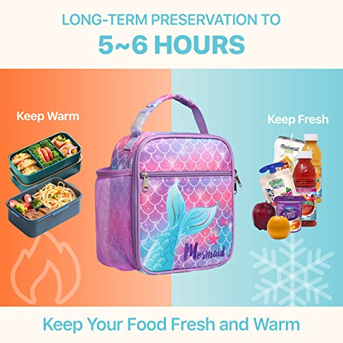 Bagseri Kids Lunch Box, Insulated Lunch Box Bag for Girls, Portable Reusable Toddler Lunch Cooler Bag for School, Water-resistant Lining（Pink Purple & Mermaid Tail） - Image 5