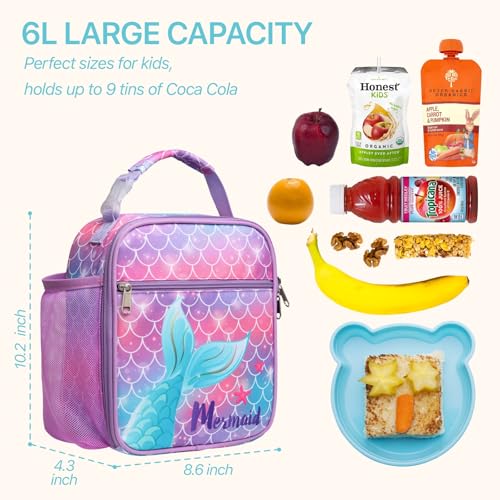 Bagseri Kids Lunch Box, Insulated Lunch Box Bag for Girls, Portable Reusable Toddler Lunch Cooler Bag for School, Water-resistant Lining（Pink Purple & Mermaid Tail） - Image 3