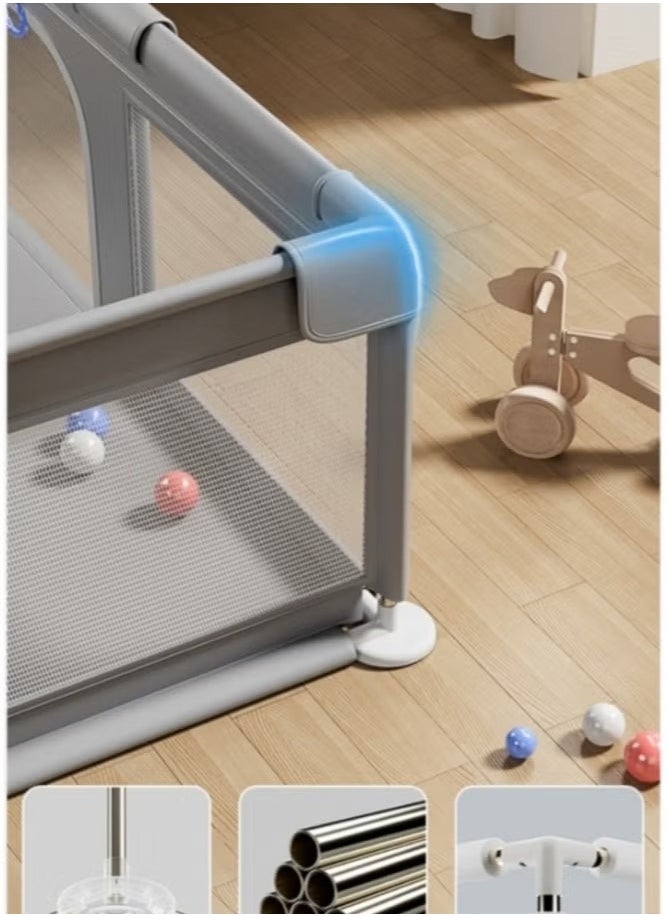 Gonice Children's Large Stainless Steel Steering Tube, Baby Indoor Crawling Safety Fence, Playpen with Breathable Mesh and Zipper Door - Gray 120x180cm Without ocean balls  - Image 4