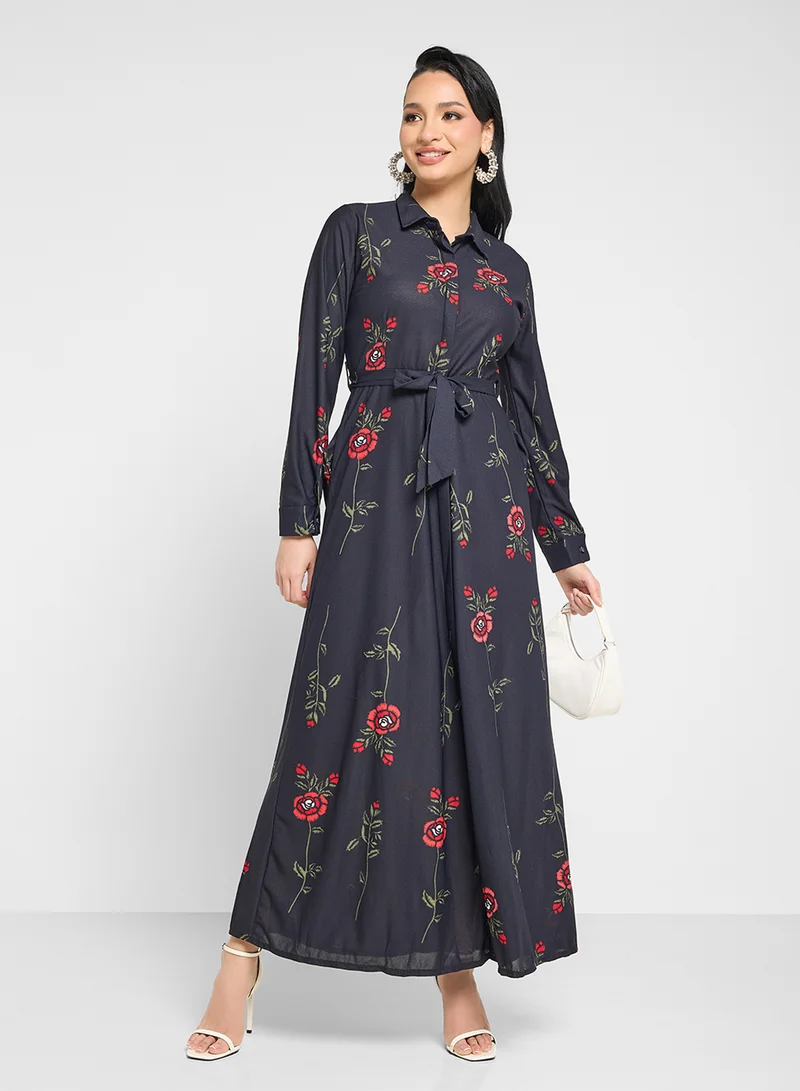 ELLA Floral Print Self Tie Shirt Maxi Dress