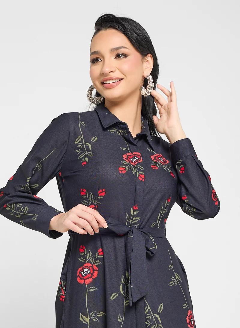 ELLA Floral Print Self Tie Shirt Maxi Dress