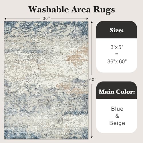 Art&Tuft Washable Rug, Anti-Slip Backing Abstract 3x5 Rug, Stain Resistant Rugs for Living Room, Foldable Machine Washable Area Rug (TPR18-Blue, 3'x5') - Image 2