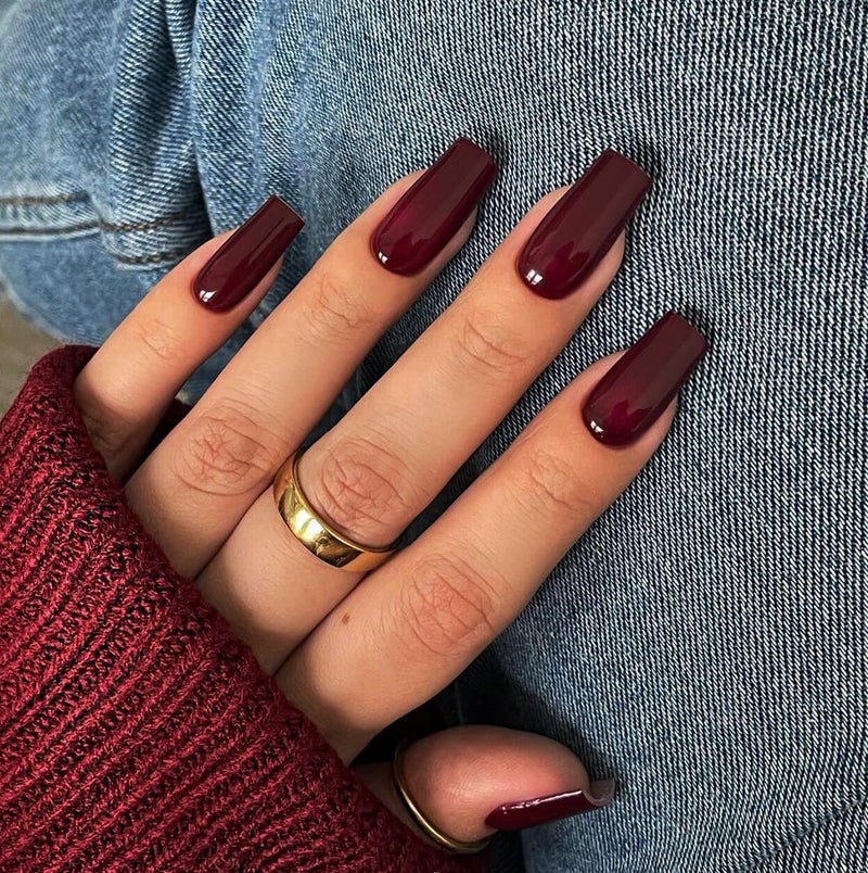 KQueenest Marron Red Press on Nails Long Medium Square, Burgundy Red Fake Nails Medium Coffin, Glossy Opaque Color Acrylic Nails Press ons, Reusable Dark Soft Gel Glue on Nails for Women Fall Winter - Image 1