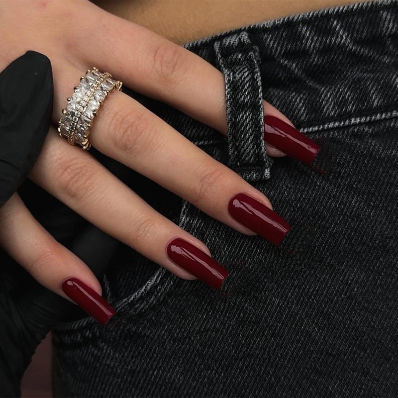 KQueenest Marron Red Press on Nails Long Medium Square, Burgundy Red Fake Nails Medium Coffin, Glossy Opaque Color Acrylic Nails Press ons, Reusable Dark Soft Gel Glue on Nails for Women Fall Winter - Image 2