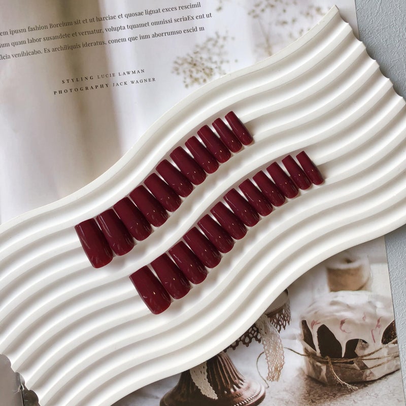 KQueenest Marron Red Press on Nails Long Medium Square, Burgundy Red Fake Nails Medium Coffin, Glossy Opaque Color Acrylic Nails Press ons, Reusable Dark Soft Gel Glue on Nails for Women Fall Winter - Image 4