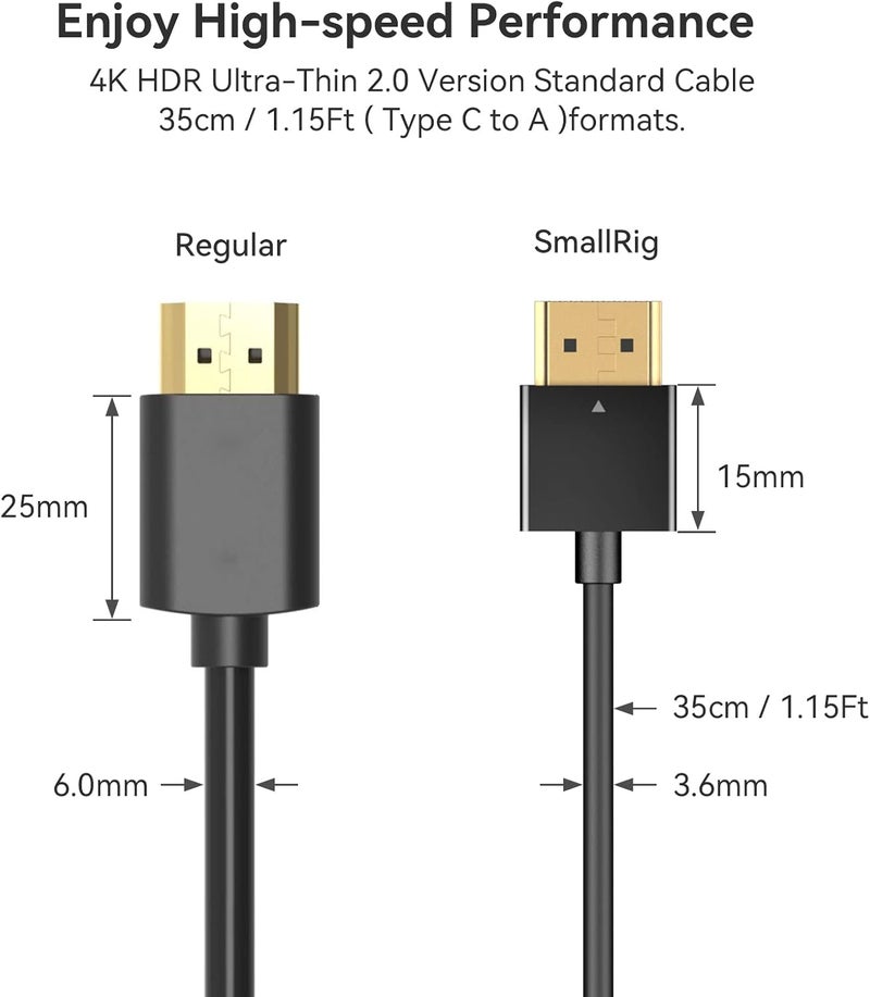 SMALLRIG Mini C to A Cable, Ultra Thin Cable 35cm/1.15Ft, Super Flexible Slim High Speed 4K 60Hz HDR 2.0, for Sony HDR-XR50, for Nikon Z6 Z7 for Canon EOS RP, EOS R - 3040 - Image 3