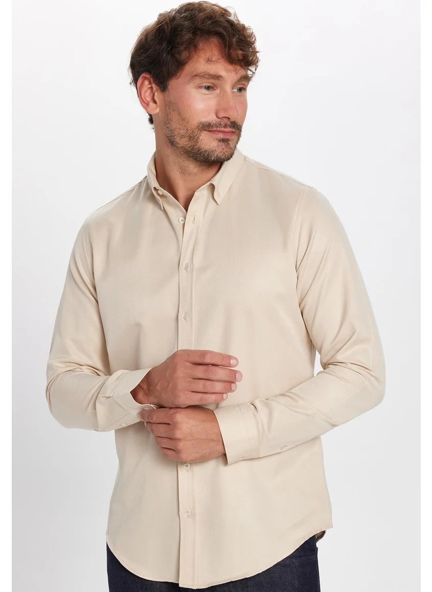 Tudors Men's Slim Fit Slim Fit Cotton Easy Iron Cream Button-Down Collar Shirt