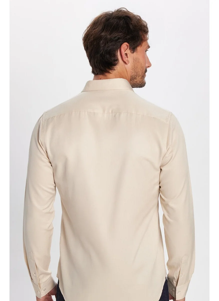 تودورس Men's Slim Fit Slim Fit Cotton Easy Iron Cream Button-Down Collar Shirt