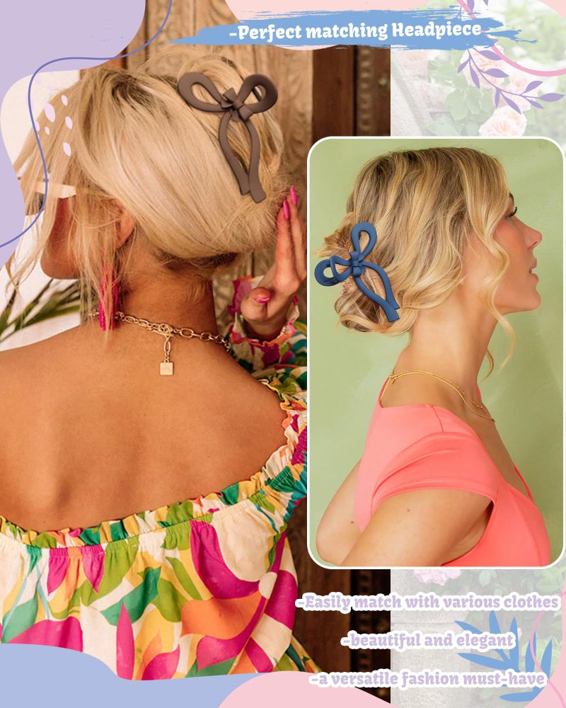 CHLINS 4 PCS Bow Hair Clips Bow Claw Clip for Women Nonslip Large Hair Claw Clips for Thin and Thick Hair Strong Hold Hair Bows (Gray+Light Brown+Dark Brown+Dark Blue) - Image 3