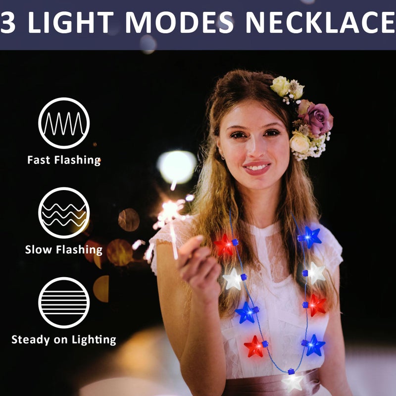EOBOH 4th of July Accessories, 2Pcs Independence Day LED Holiday Light Up Stars Necklace, Red Blue White Flashing Necklace for 4th of July Parades Patriotic Celebration Themed Firework Party Memorial Day - Image 3