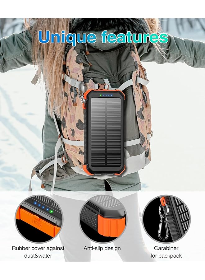 Solar Power Bank 26800Mah With 3 Cables Power Bank 15W Fast Charging 3 Inputs 4 Outputs Solar Charger Built In Dual Flashlights With 3 Modes Steady Sos Strobe For Camping Outdoors Orange