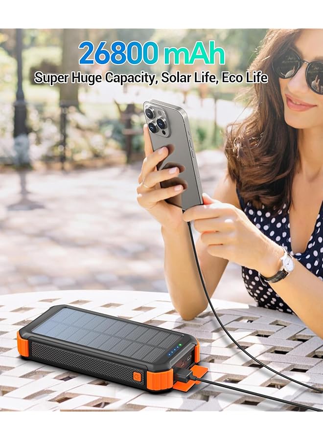 Solar Power Bank 26800Mah With 3 Cables Power Bank 15W Fast Charging 3 Inputs 4 Outputs Solar Charger Built In Dual Flashlights With 3 Modes Steady Sos Strobe For Camping Outdoors Orange