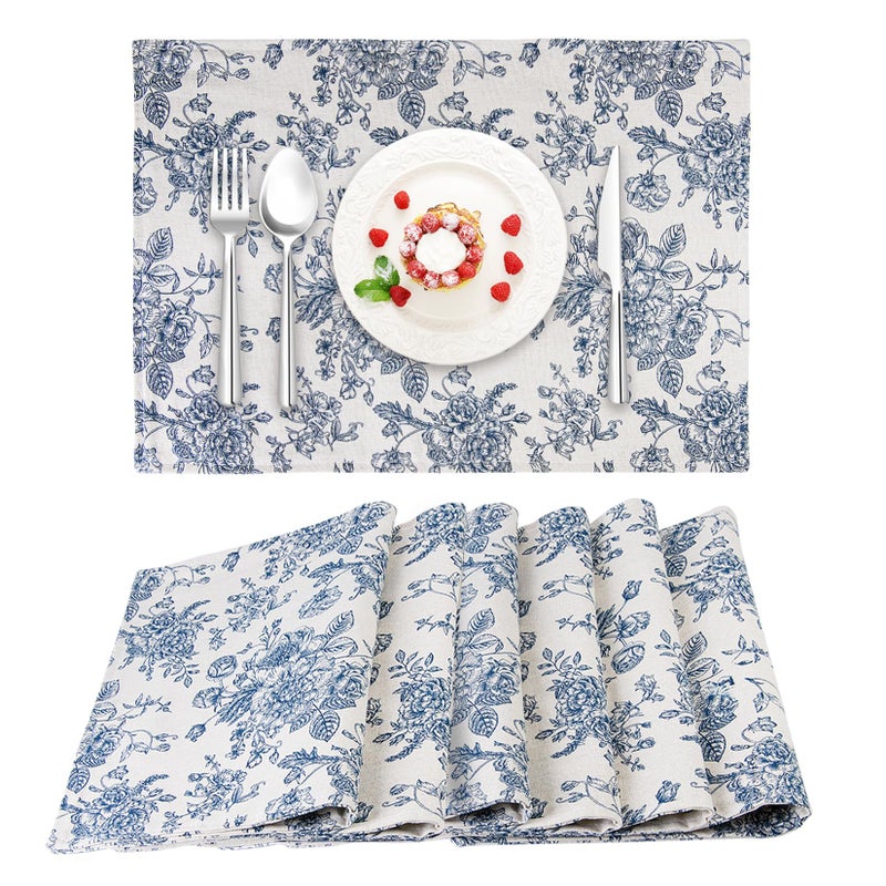 LOVOUS Blue Floral Fabric Placemats Set of 6, Linen Washable Table Placemats for Kitchen, Vintage Rectangular Place Mats for Dinning Wedding Holiday, 13 x 19 Inch - Image 1