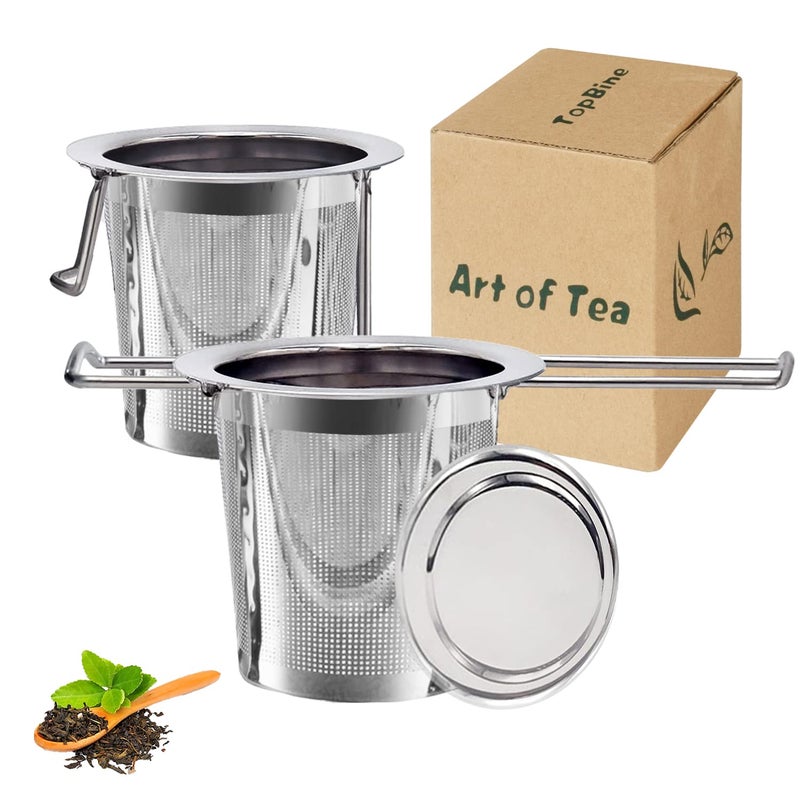 TopBine 2 pcs Tea Infuser 304 Stainless Steel Tea Strainer with Lid and Foldable Handle Tea Filter for Teapots Cups Mugs to Brewing Steeping Loose Leaf