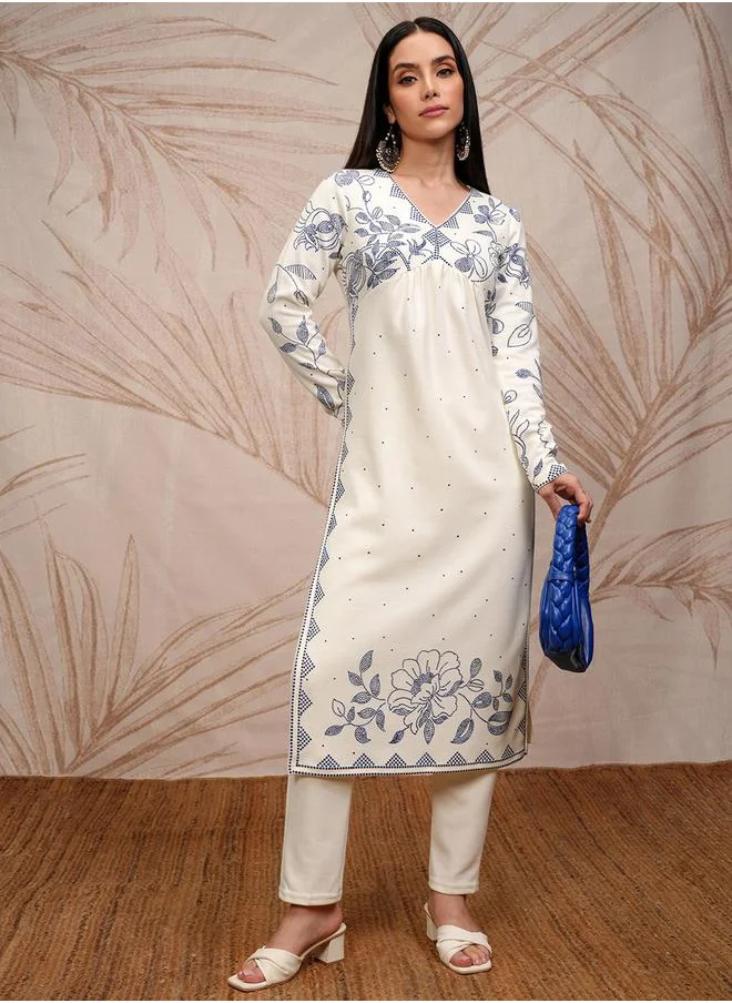 فيشود Women White Embroidered Kurta Set by Styli