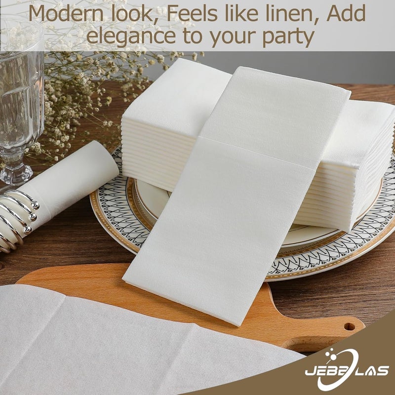 Jebblas 100Pack Disposable Cloth Like Napkins, Built-in Flatware Pocket, Wedding Party Linen Feel White Napkin, Prefolded for Silverware - Image 5