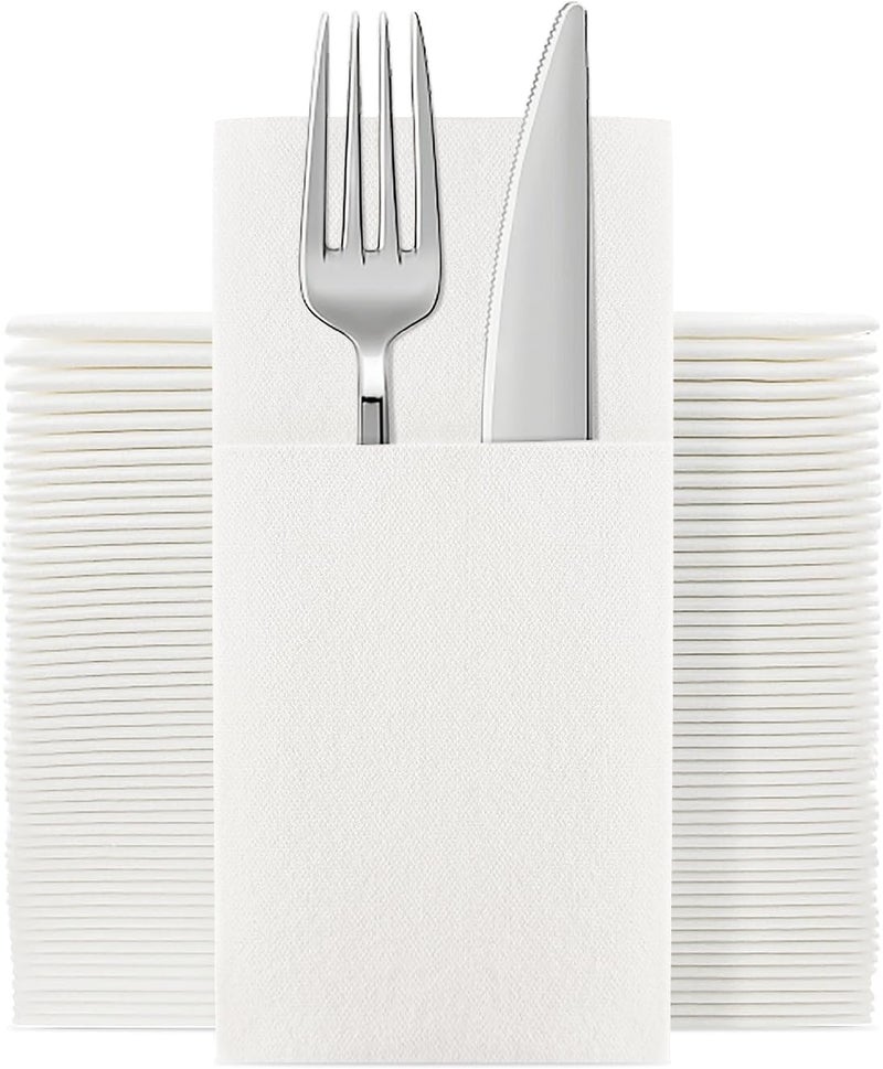 Jebblas 100Pack Disposable Cloth Like Napkins, Built-in Flatware Pocket, Wedding Party Linen Feel White Napkin, Prefolded for Silverware - Image 1
