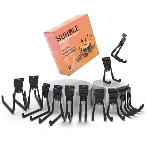 HUHOLE Heavy Duty Slatwall Hooks (12 Pack) – Large Utility Garage Storage Hangers – Slatwall Accessories for Ladders, Hoses, Cords & Tools – Fits Standard Slat Wall Panels & Screw-in Wall Mount - Image 1