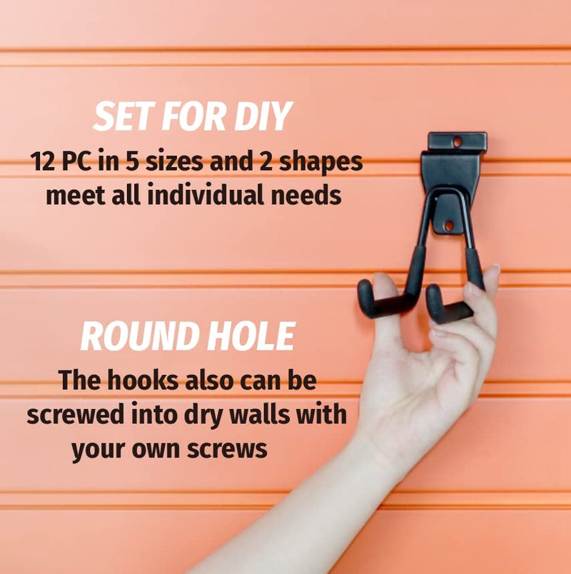 HUHOLE Heavy Duty Slatwall Hooks (12 Pack) – Large Utility Garage Storage Hangers – Slatwall Accessories for Ladders, Hoses, Cords & Tools – Fits Standard Slat Wall Panels & Screw-in Wall Mount - Image 5