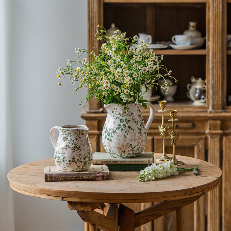 Teweiqi Ceramic Green and White Floral Vase with Handle, Rustic Farmhouse Pitcher Flower Vase, Chinoiserie Floral Vase for Home Decor, Living Room, Shelf, Office, Rustic Table Centerpiece 8 Inch - Image 3
