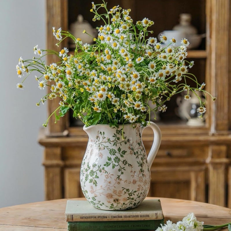 Teweiqi Ceramic Green and White Floral Vase with Handle, Rustic Farmhouse Pitcher Flower Vase, Chinoiserie Floral Vase for Home Decor, Living Room, Shelf, Office, Rustic Table Centerpiece 8 Inch - Image 1